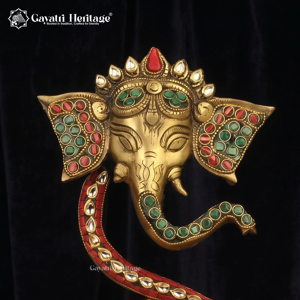 Brass Ganesha Oil Lamp | Stone Inlay Diya | Handmade Pooja Decor 9 Inch
