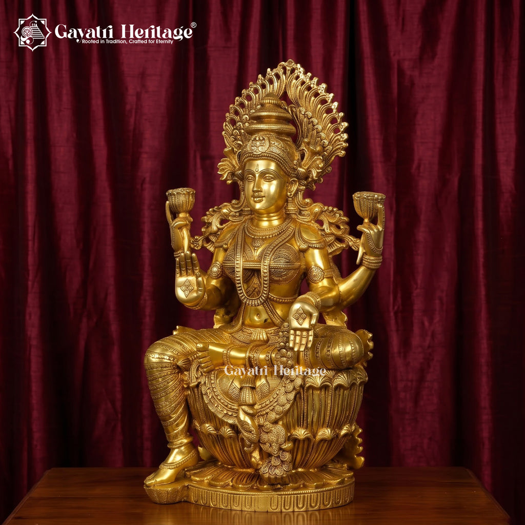 Brass Lakshmi Statue | Antique Gold Four-Armed Goddess Sculpture for Home Temple Decor
