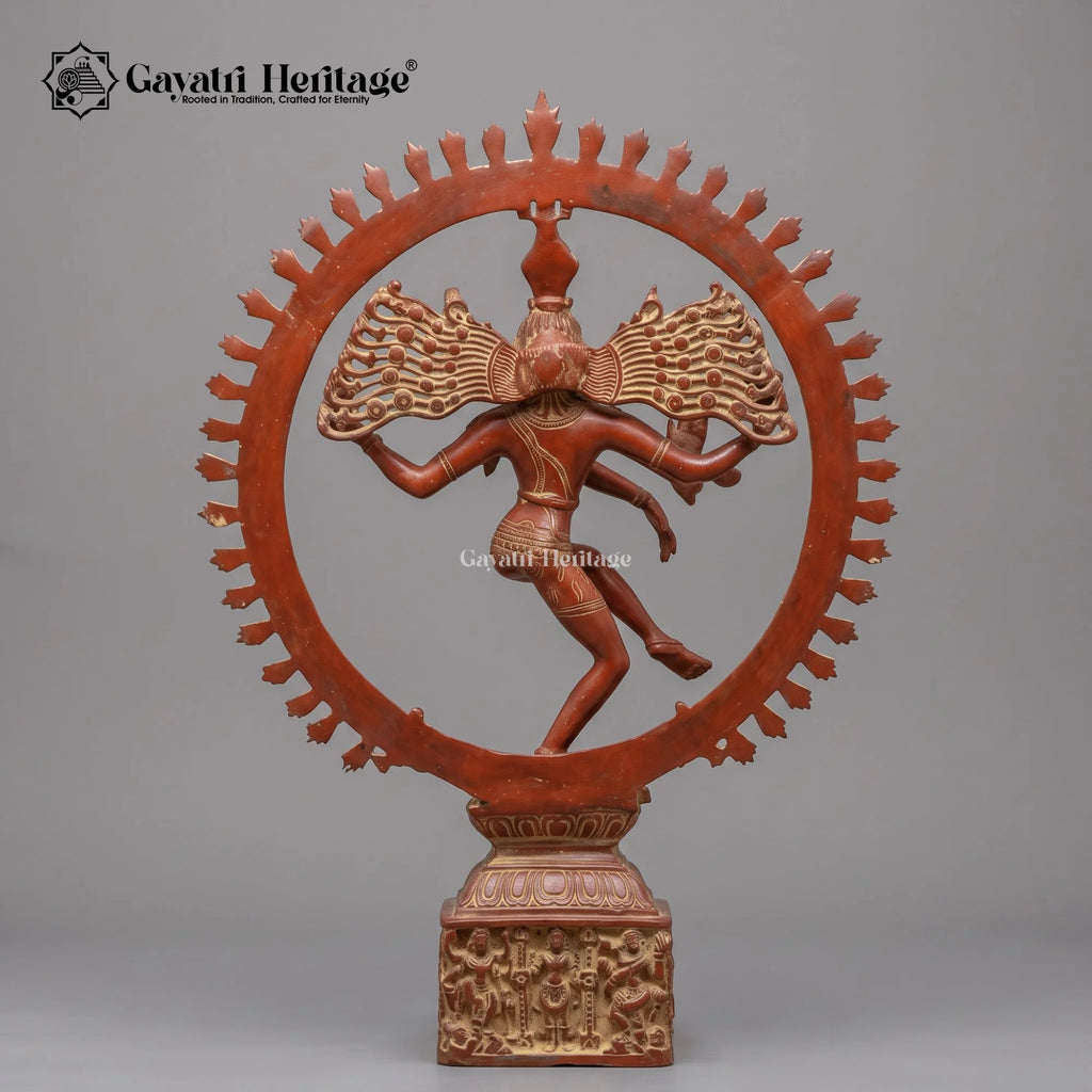 Brass Nataraja Statue | Dancing Lord Shiva Idol | Antique Red Gold Finish | 23.5 Inch Hindu Temple & Home Decor