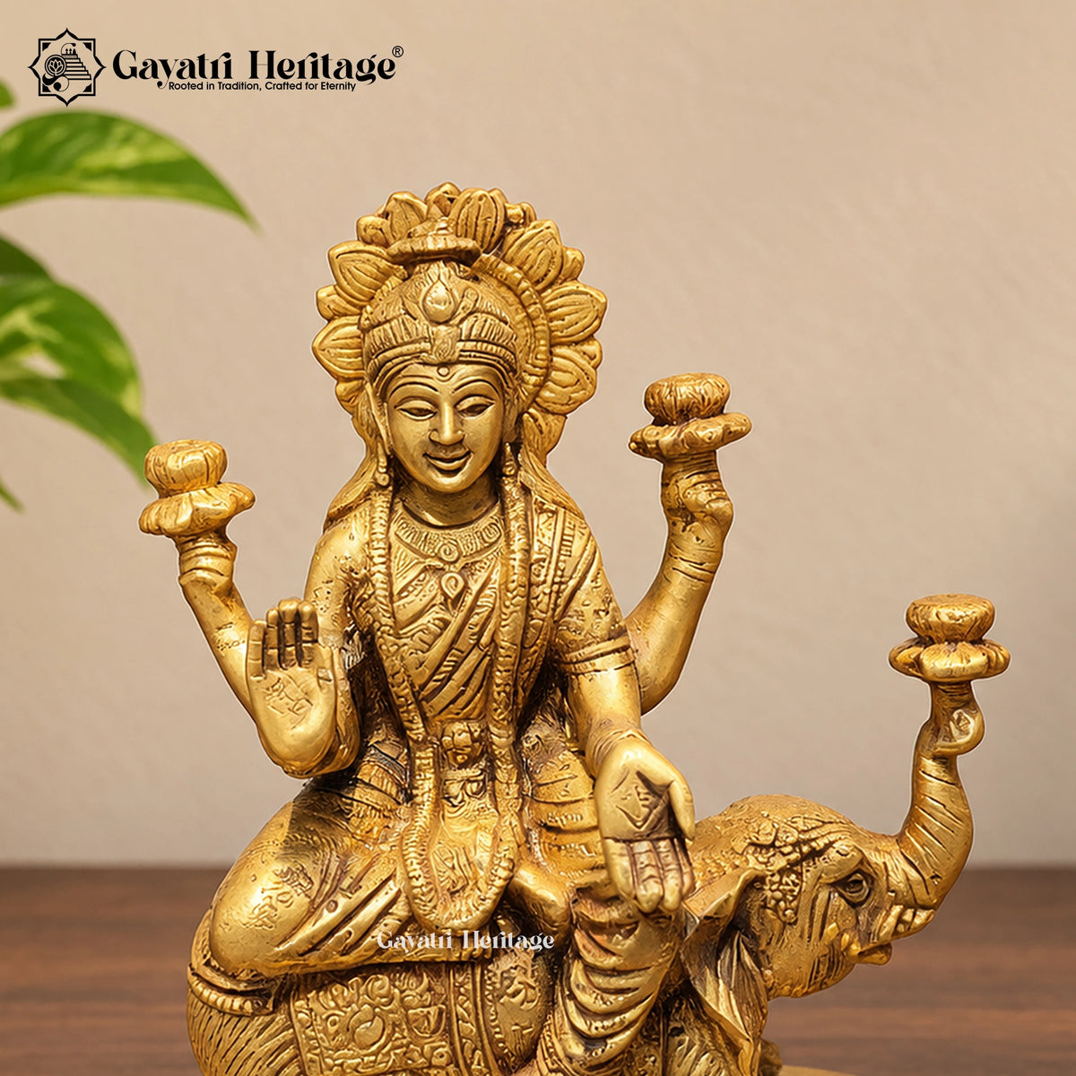 Brass Gaja Lakshmi Statue – Handcrafted Goddess Lakshmi Idol on Elephant for Pooja Mandir & Home Decor