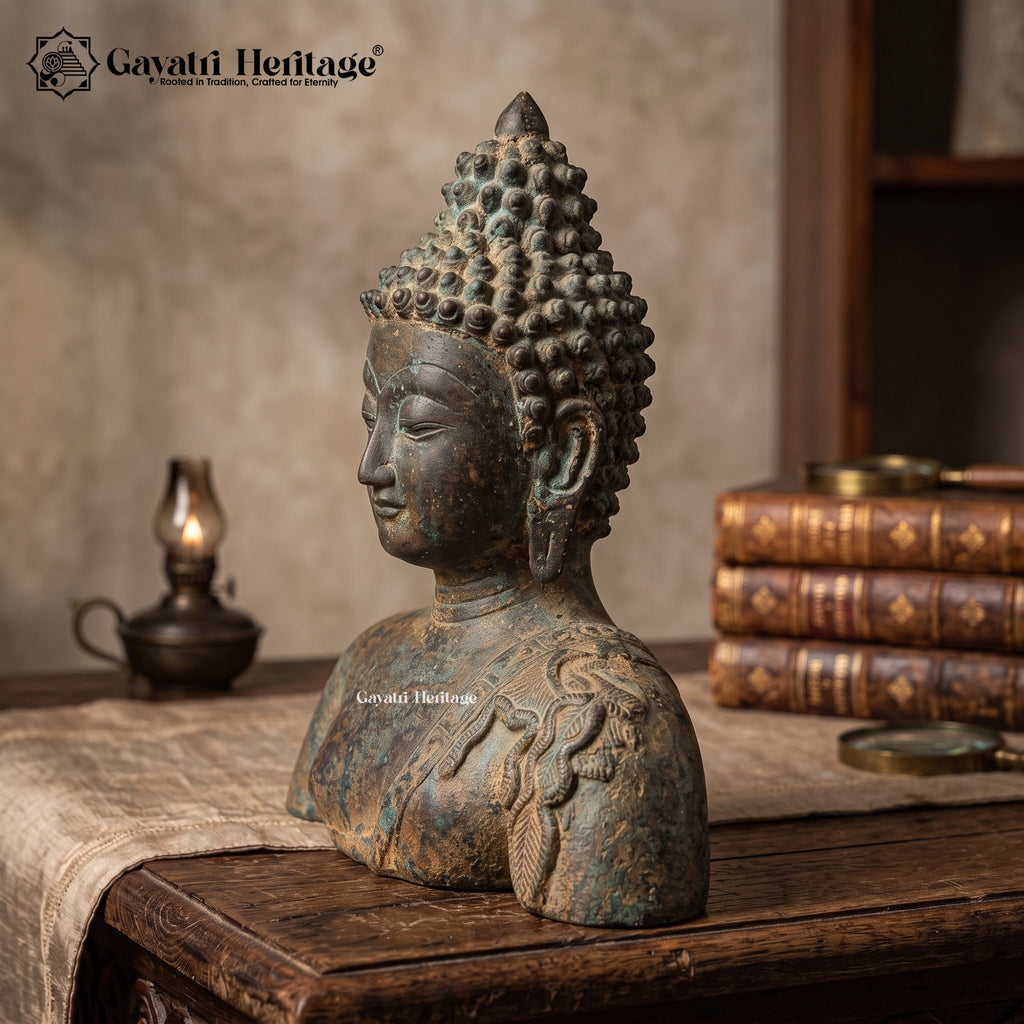 Antique Brass Buddha Bust Statue – Verdigris Patina Finish Gayatri Heritage