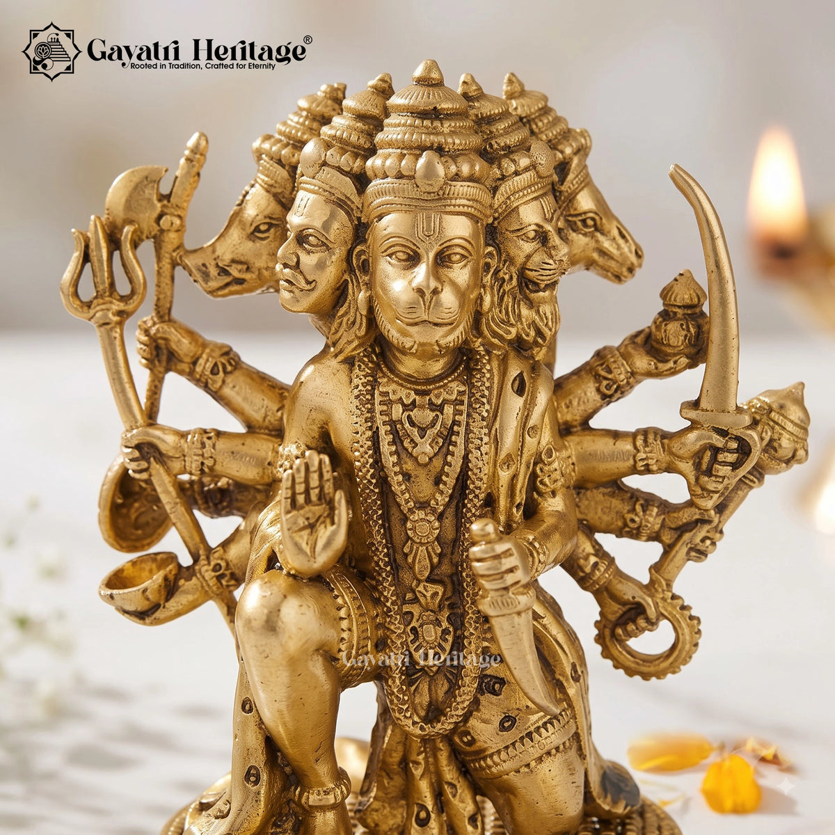 Brass Panchmukhi Anjaneya Statue | Five-Faced Bajrangbali Idol | Handcrafted Hanuman Murti | Vastu & Pooja Decor
