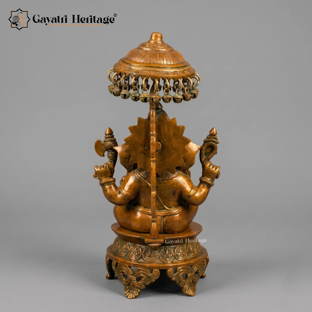 Brass Ganesha Statue with Umbrella & Bells | Antique Finish Temple Decor