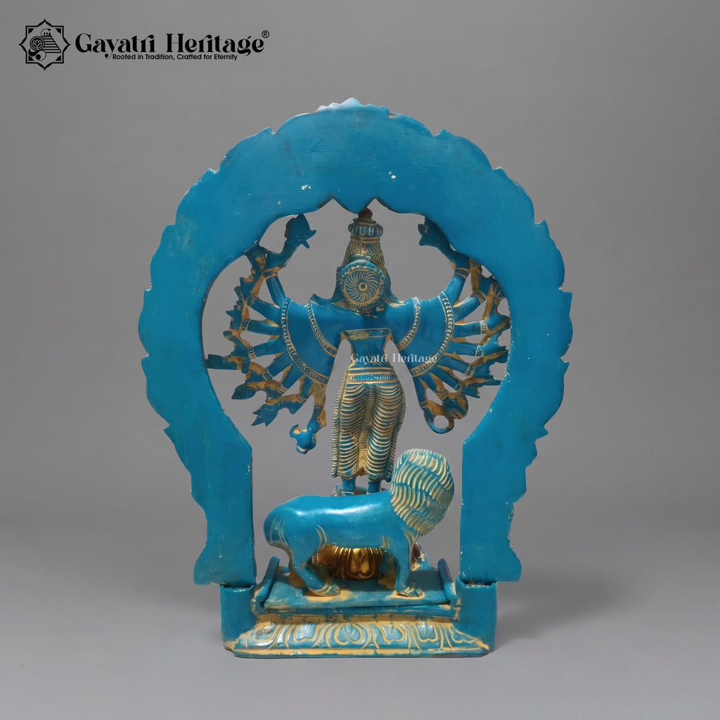 Brass Mahishasura Mardini Statue | Turquoise & Gold Finish Durga Idol – 12 Inch