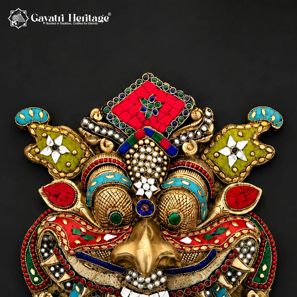 Brass Kirtimukha Wall Hanging with Pearl Bead Stone Inlay – Nazar Battu & Main Door Decor