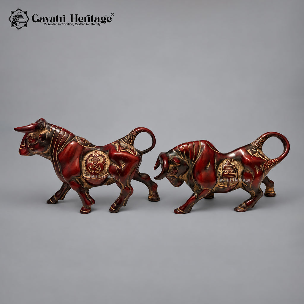Brass Bull Pair | Antique Red Finish | Powerful Bull Sculpture for Home & Office Decor