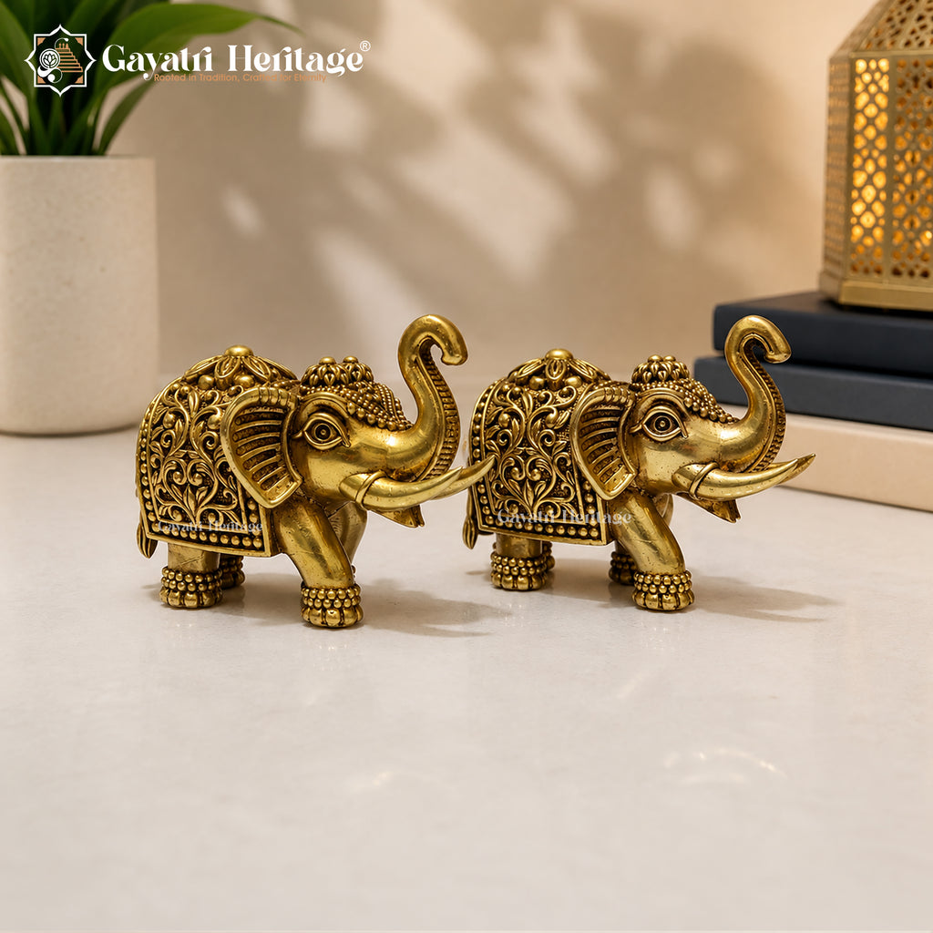 Brass Elephant Pair Statue | Handcrafted Decorative Elephant Set for Home Decor & Vastu