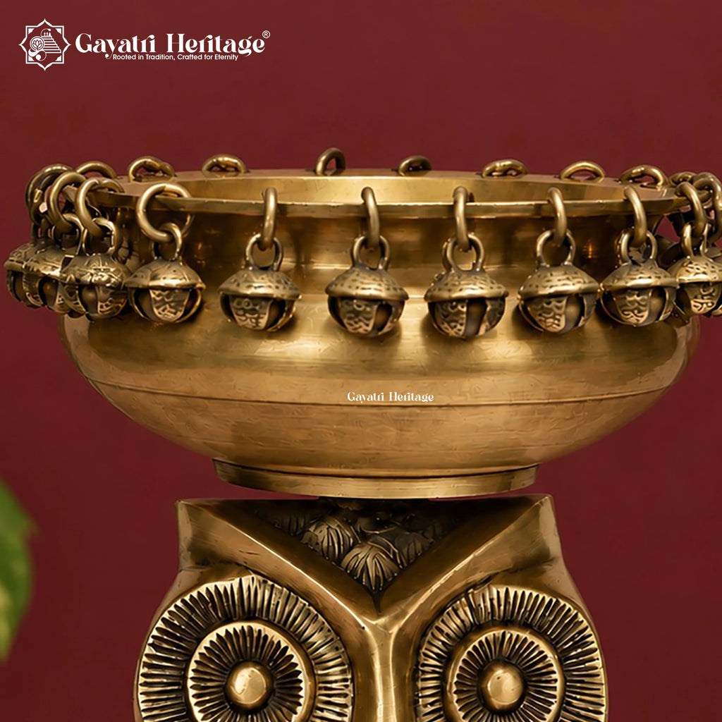 Brass Owl Urli with Bells – Handmade Lakshmi Owl Flower Bowl, Floating Candle & Diwali Decor