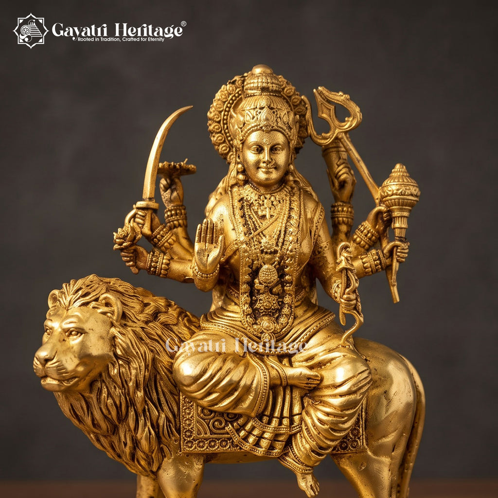 Brass Durga Maa Idol on Lion | Intricately Carved Goddess Durga Statue with Round Base