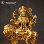 Brass Durga Maa Idol on Lion | Intricately Carved Goddess Durga Statue with Round Base