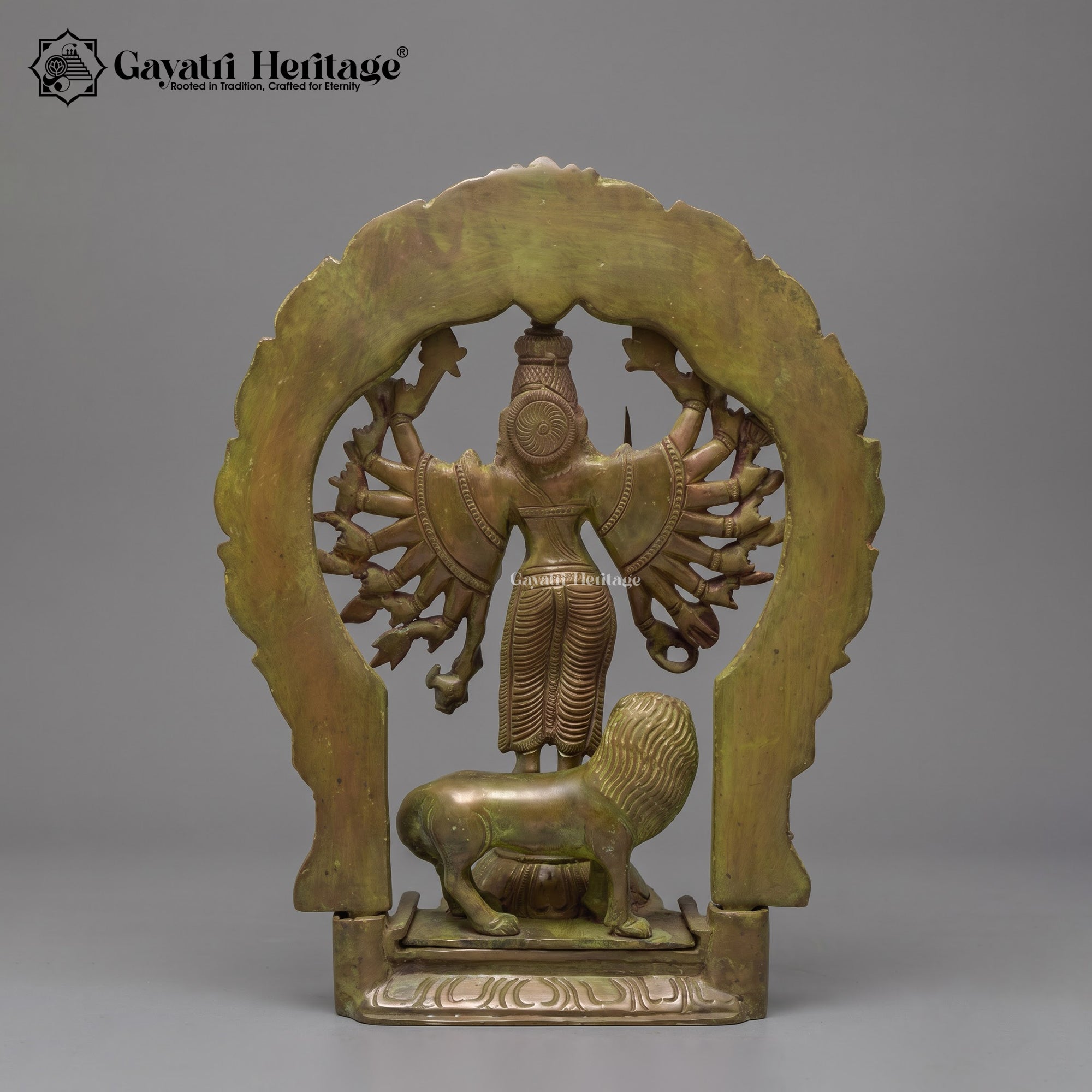 Brass Chamunda Devi Idol | Natural Bronze Finish with Carved Prabhavali Arch
