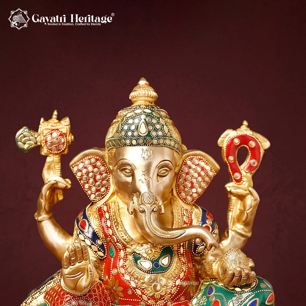 Brass Ganesha Statue with Stone Meenakari Inlay | Handcrafted Ganesh Idol for Diwali Puja & Home Decor
