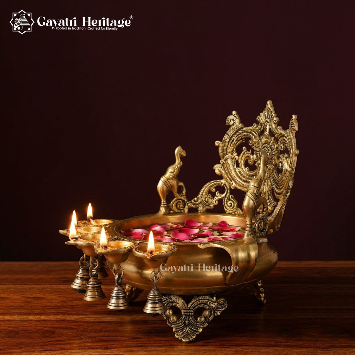 Brass Urli with Diya and Bells – Elegant Traditional Décor | Gayatri Heritage