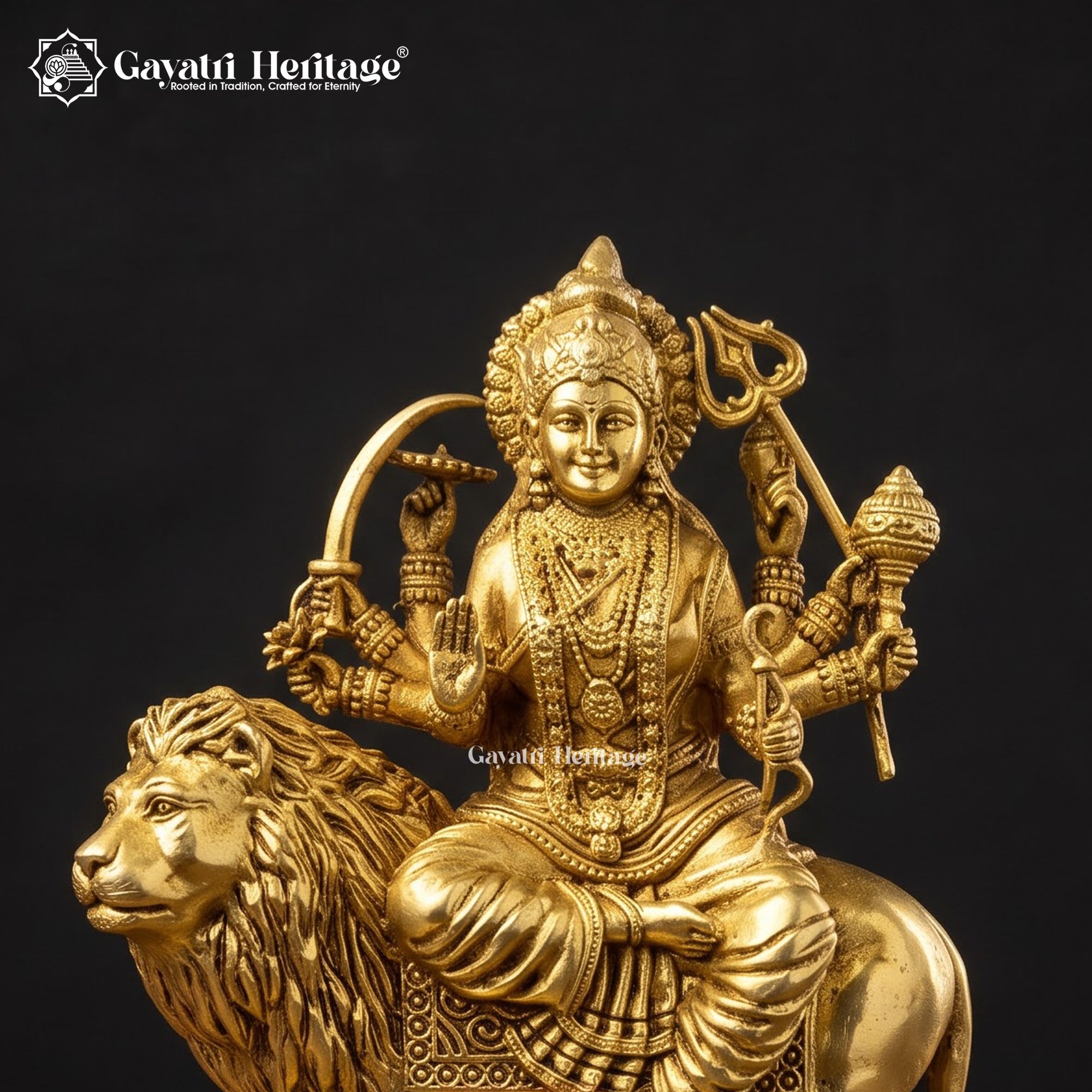 Brass Durga Maa Idol on Lion | Traditional Goddess Durga Murti with Decorative Round Base