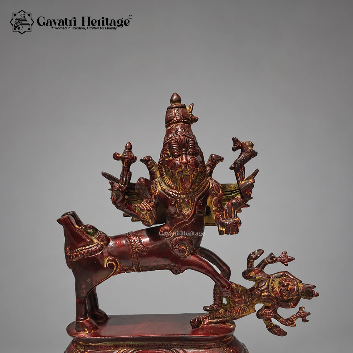 Brass Sarabeswara Swamy Statue | Antique Red Finish | Handcrafted Hindu God Idol