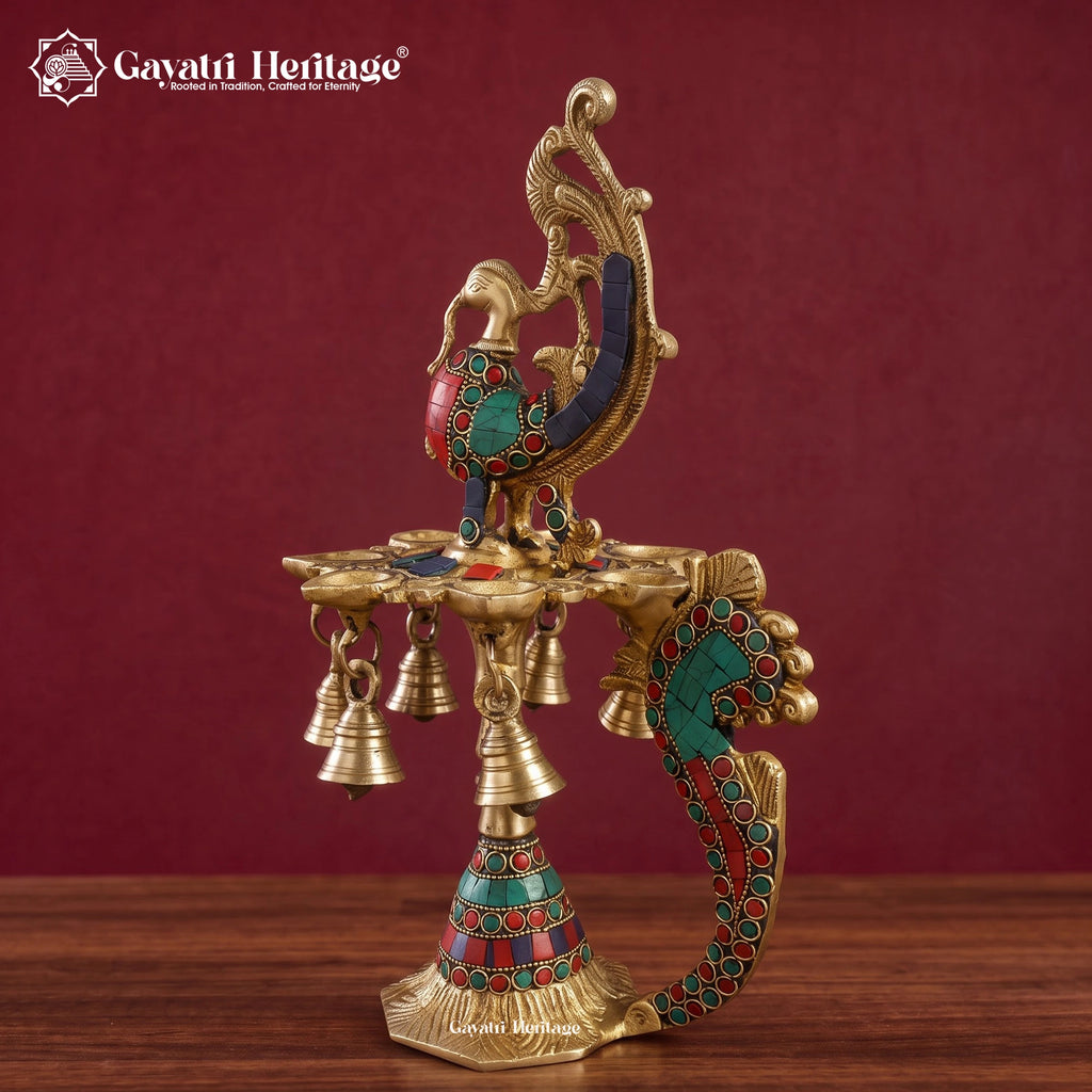 Brass Peacock Diya Lamp with Turquoise Coral Inlay | Multi-Wick Oil Lamp for Home Decor & Pooja