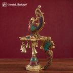 Brass Peacock Diya Lamp with Turquoise Coral Inlay | Multi-Wick Oil Lamp for Home Decor & Pooja