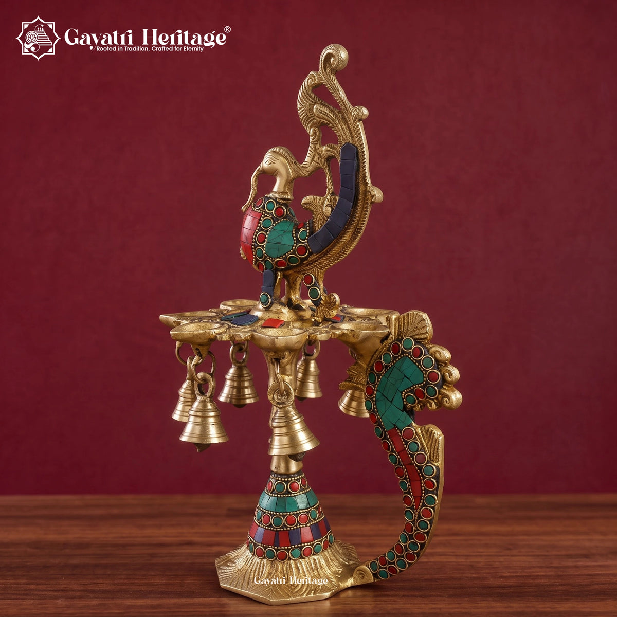 Brass Peacock Diya Lamp with Turquoise Coral Inlay | Multi-Wick Oil Lamp for Home Decor & Pooja