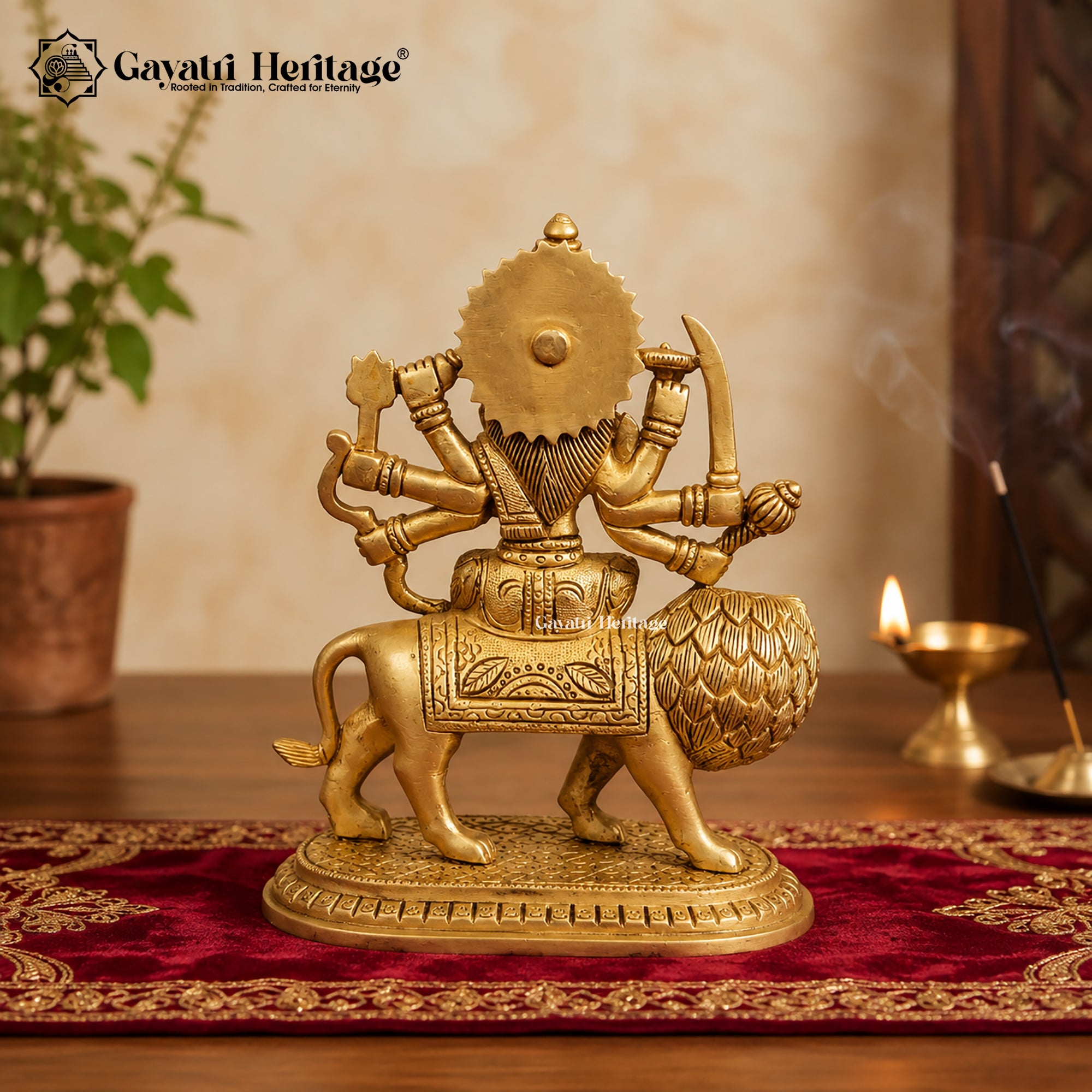 Smiling Durga Maa Brass Statue on Lion | Radiant Crown Sherawali Goddess Idol