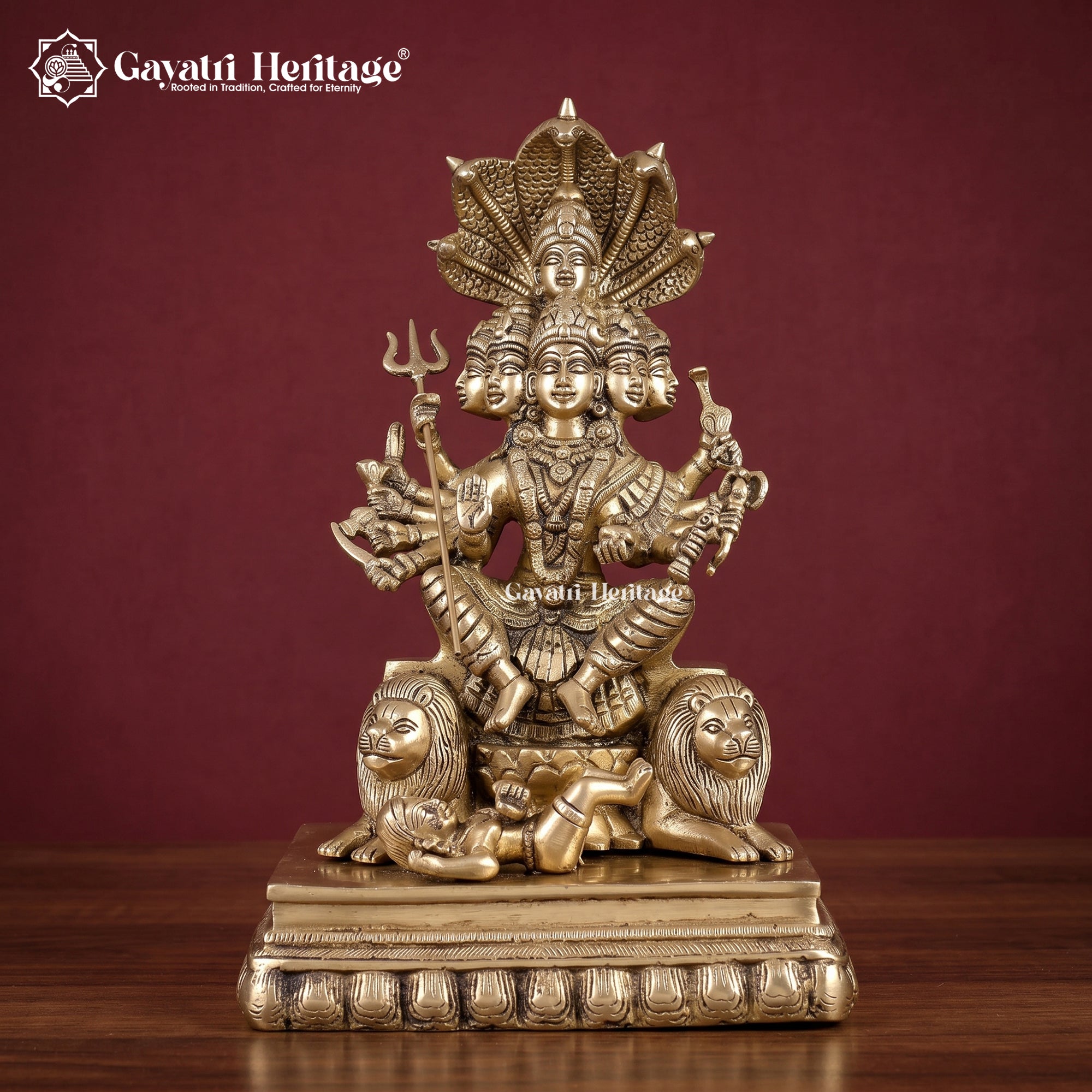Brass Six Faced Durga with Naga Aura & Lions |  Divine Shakti Idol | Pooja Room Decor  | Gayatri Heritage