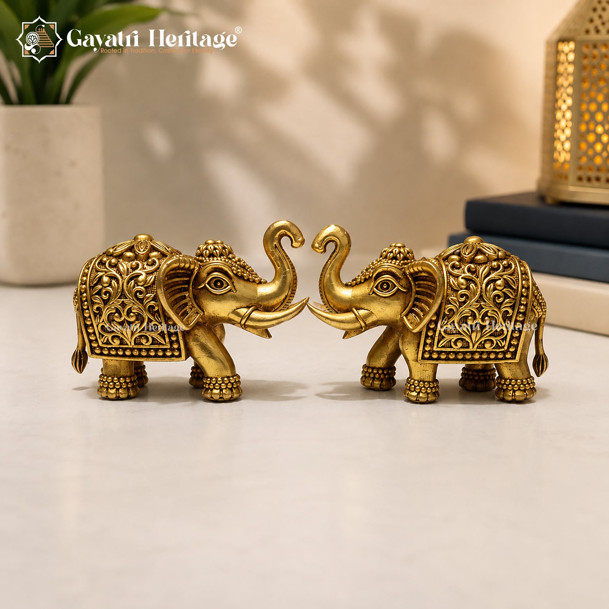Brass Elephant Pair Statue | Handcrafted Decorative Elephant Set for Home Decor & Vastu