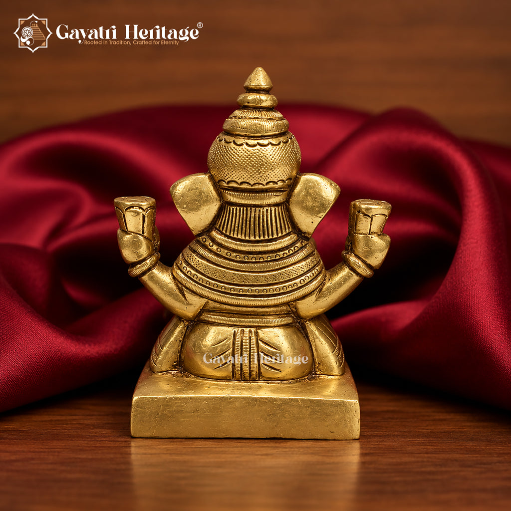 Brass Ganesha Idol | Seated Blessing Pose with Mouse | Handcrafted Ganesh Murti for Home Temple | 4.9 Inch