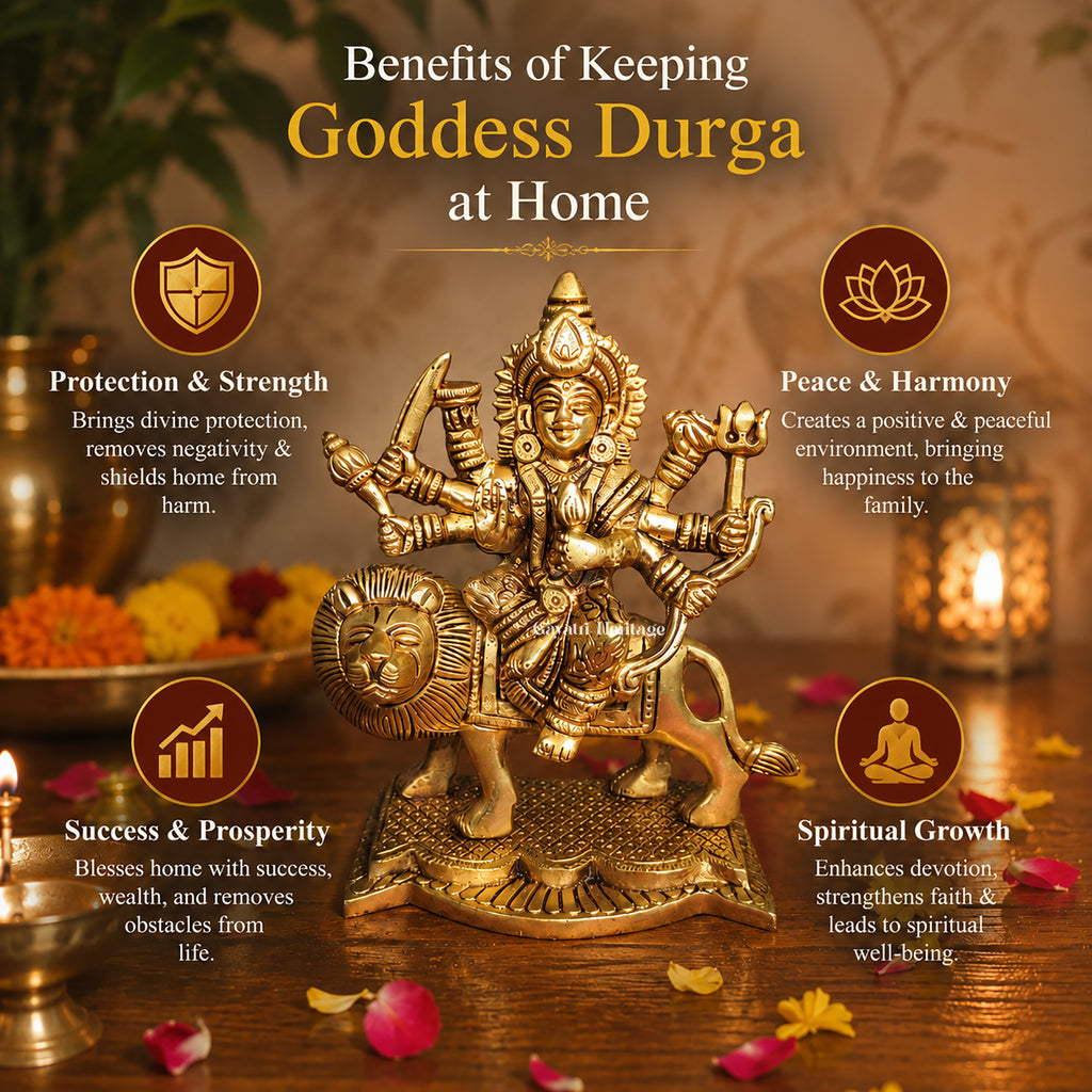 Brass Durga Maa on Lion Statue | Conical Crown Sherawali Idol