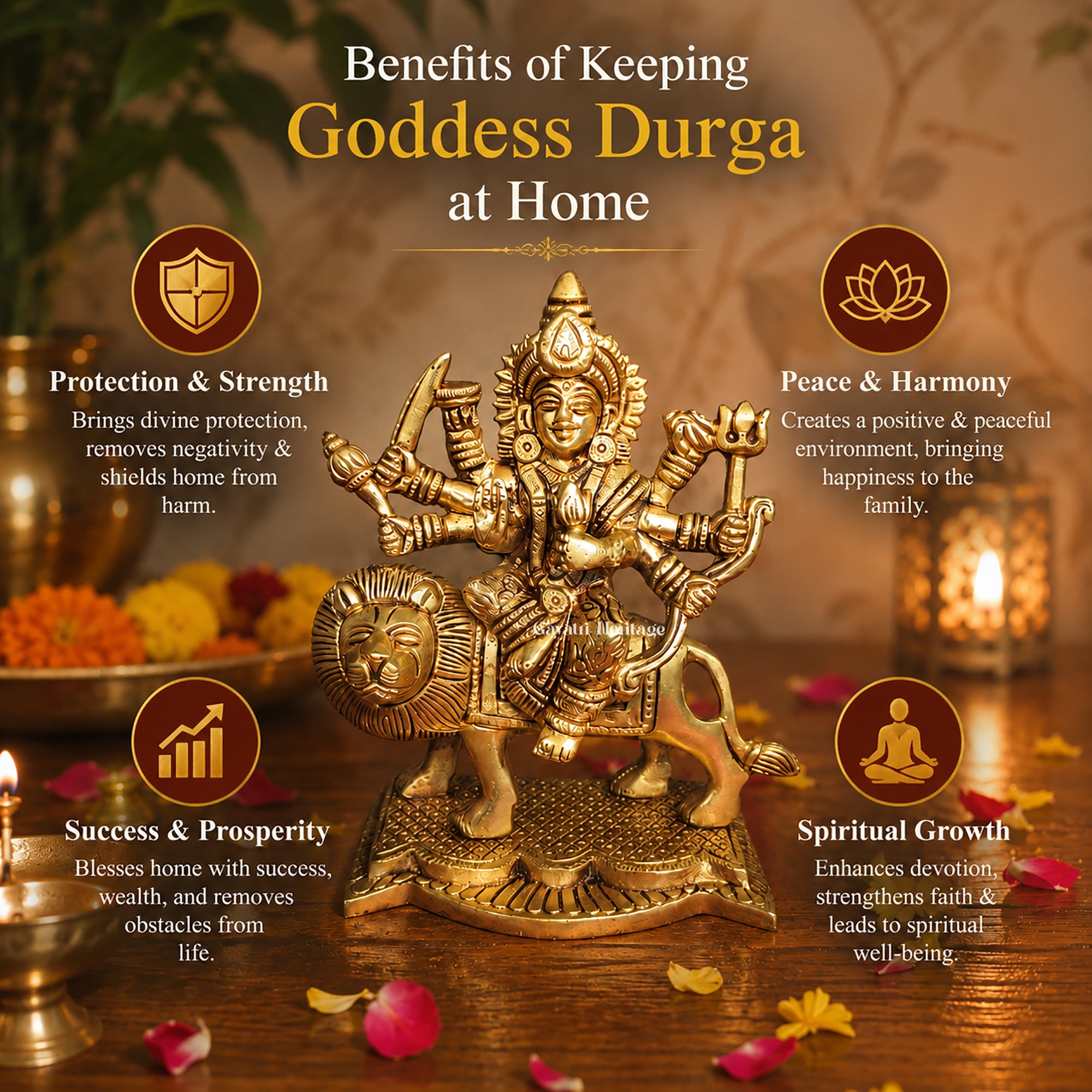 Brass Durga Maa on Lion Statue | Conical Crown Sherawali Idol