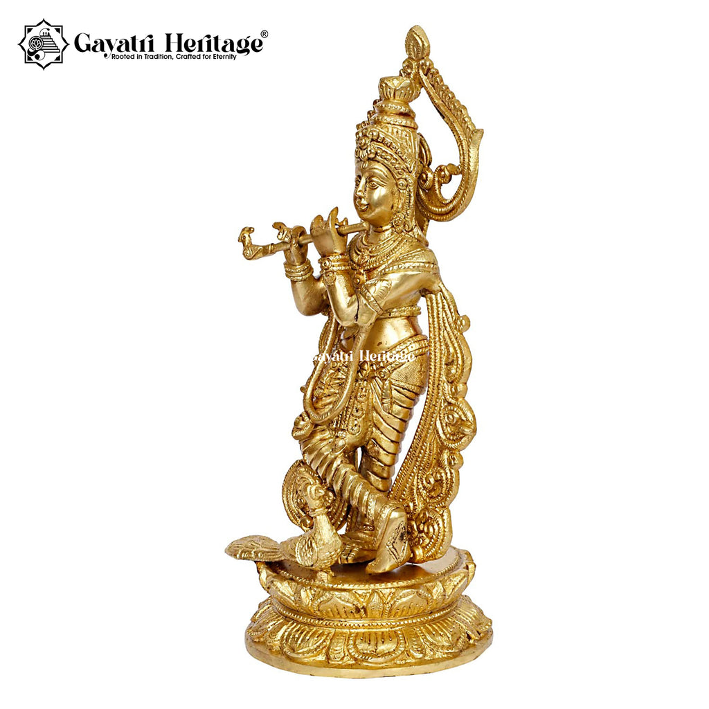Brass Lord Krishna Playing Flute with Peacock Statue – Divine Murti | Gayatri Heritage