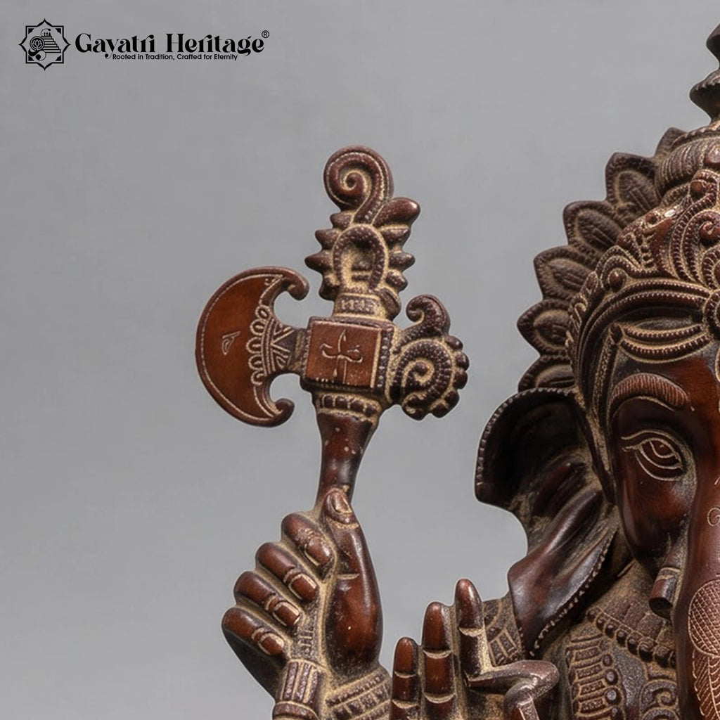 Brass Ganesha Statue | Antique Finish Ganesh Idol Seated on Lotus | 16 Inch Hindu God Home Decor