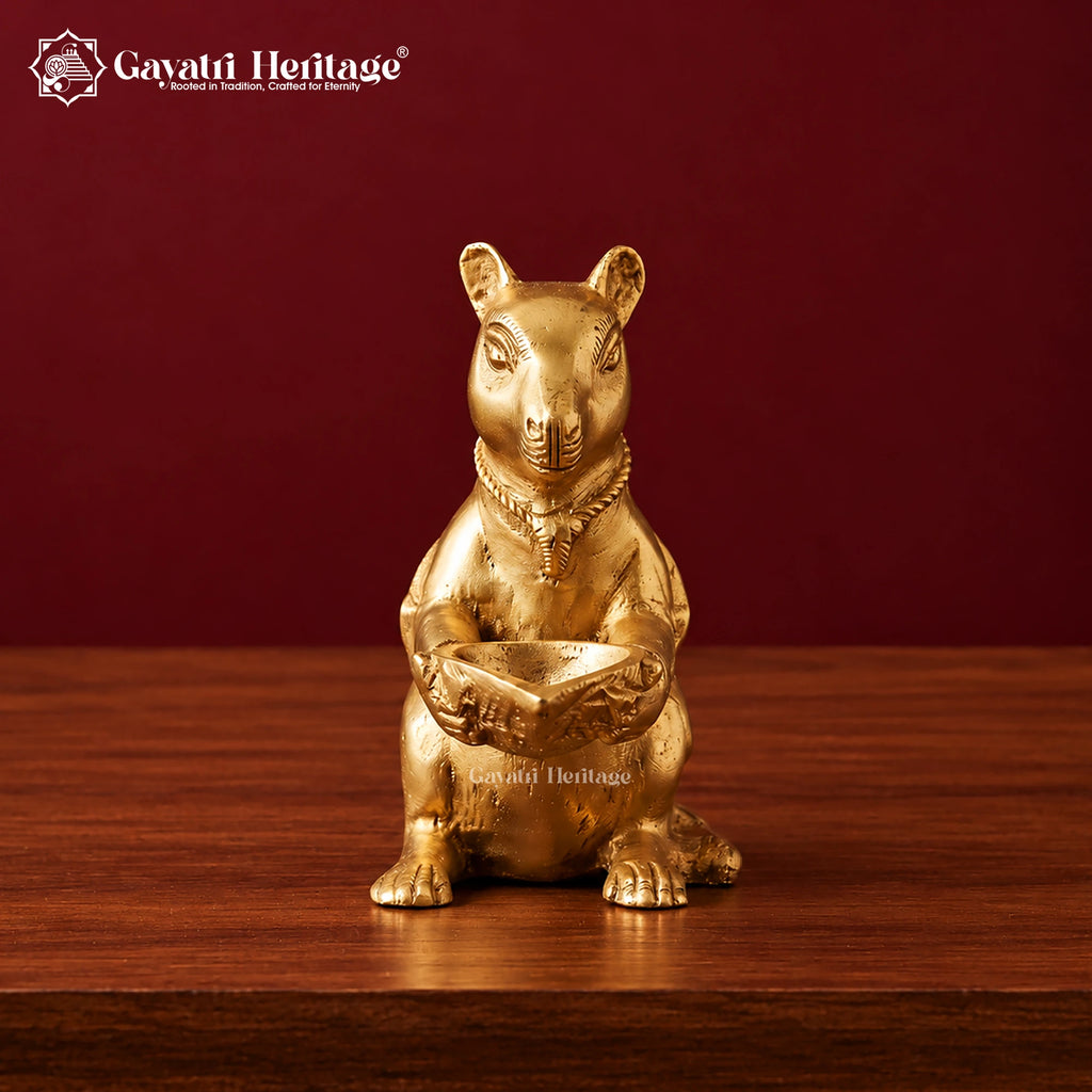 Brass Mushak Set of 3 | Ganesha Rat Vahana Figurines with Laddoo & Conch Diya | Handcrafted Pooja & Home Decor