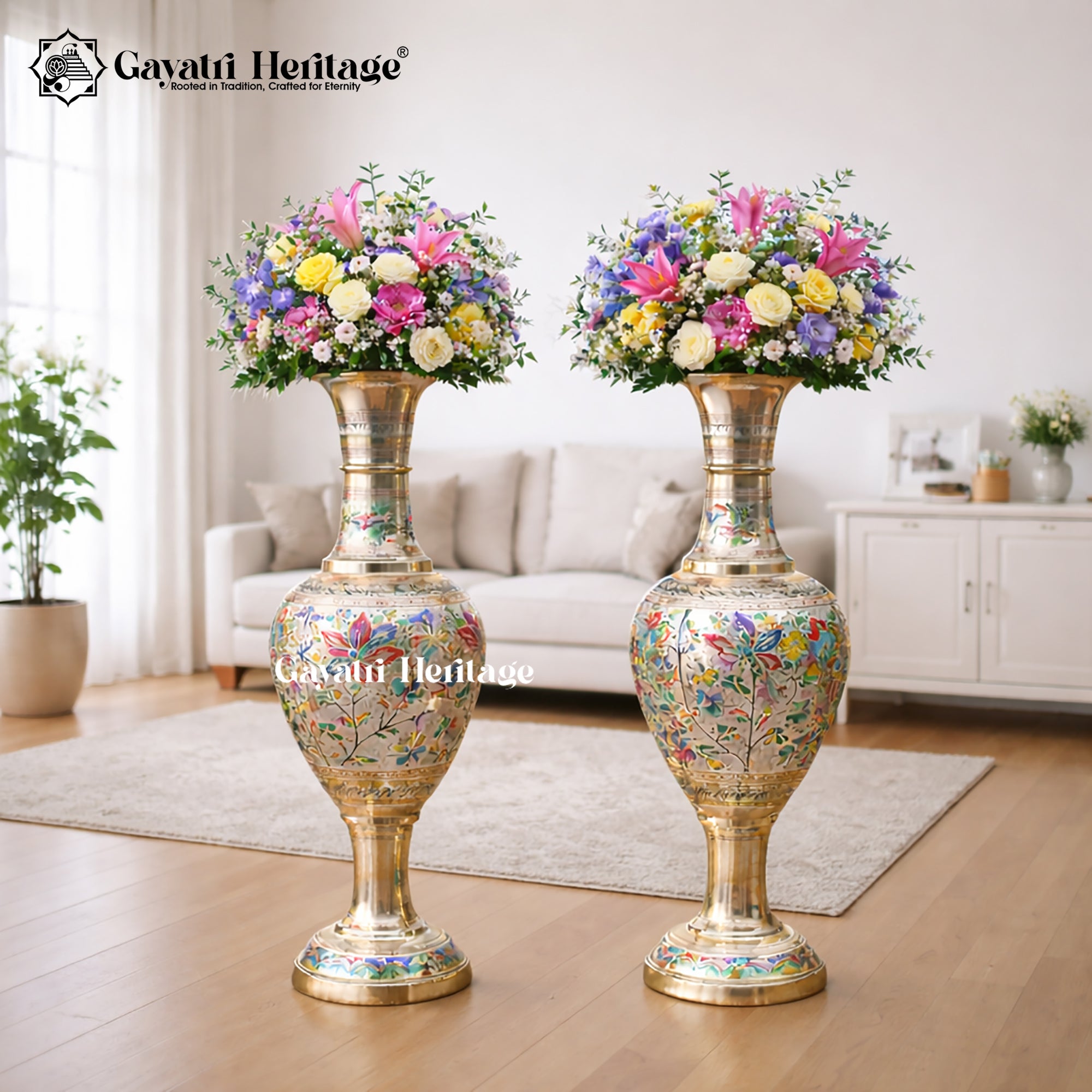 Brass Antique Vase – Meenakari Flower Pot Decor | Gayatri Heritage
