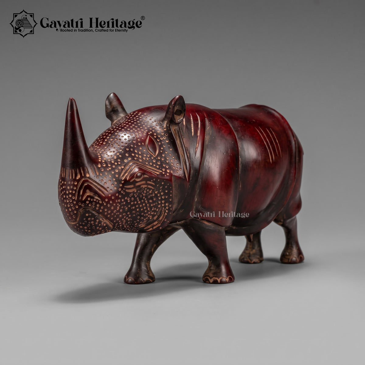 Brass Rhino Statue – Deep Red Maroon Antique Finish with Textured Skin Detail