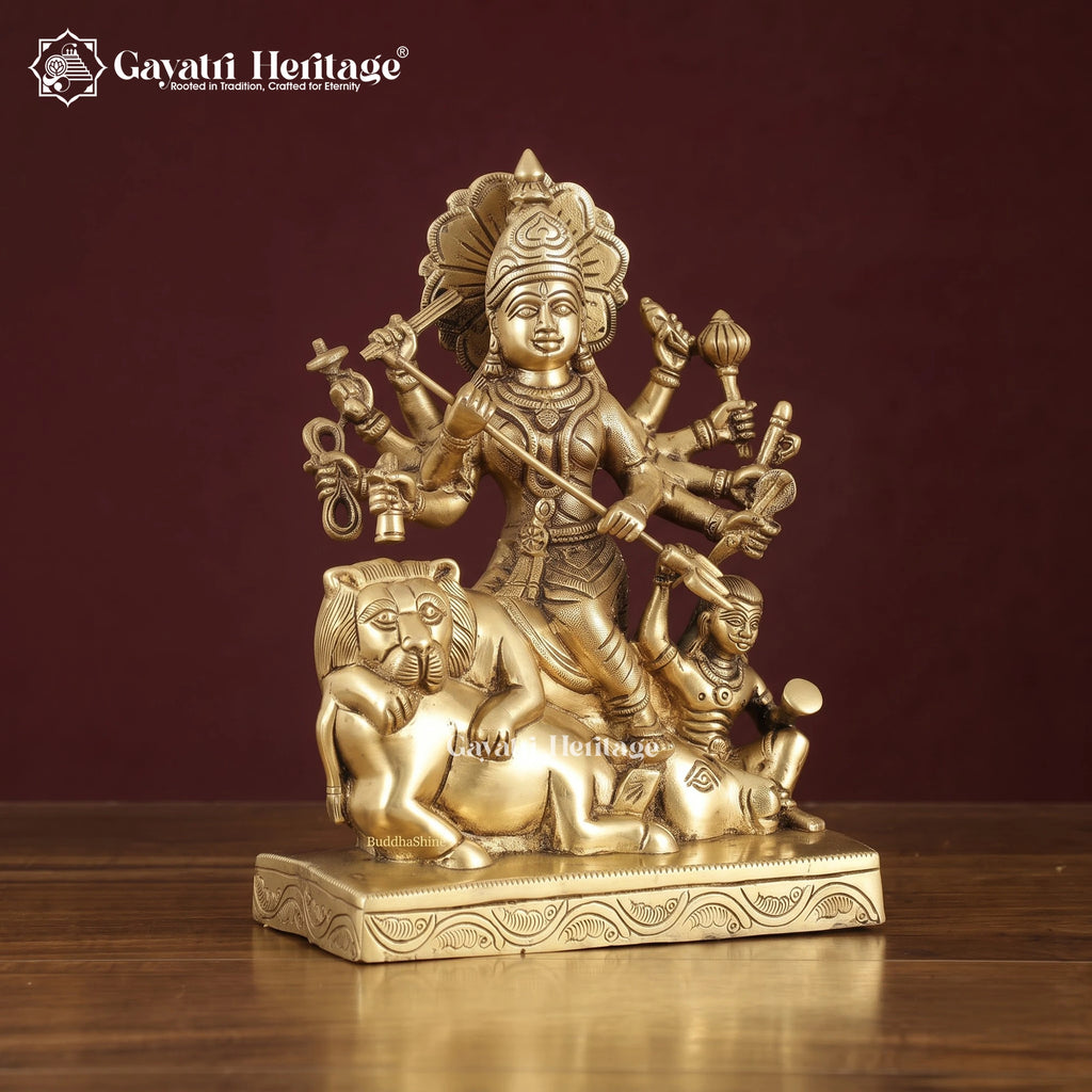 Brass Mahishasura Mardini Idol | Goddess Durga Slaying Mahishasura | Handcrafted Hindu Statue for Puja & Home Decor