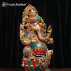 Large Brass Ganesha Statue | Turquoise & Coral Stone Inlay | Lotus Base Ganesh Idol (26 Inch)
