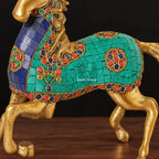 Brass Horse Statue with Turquoise Stone Inlay – Handmade Prancing Horse Figurine