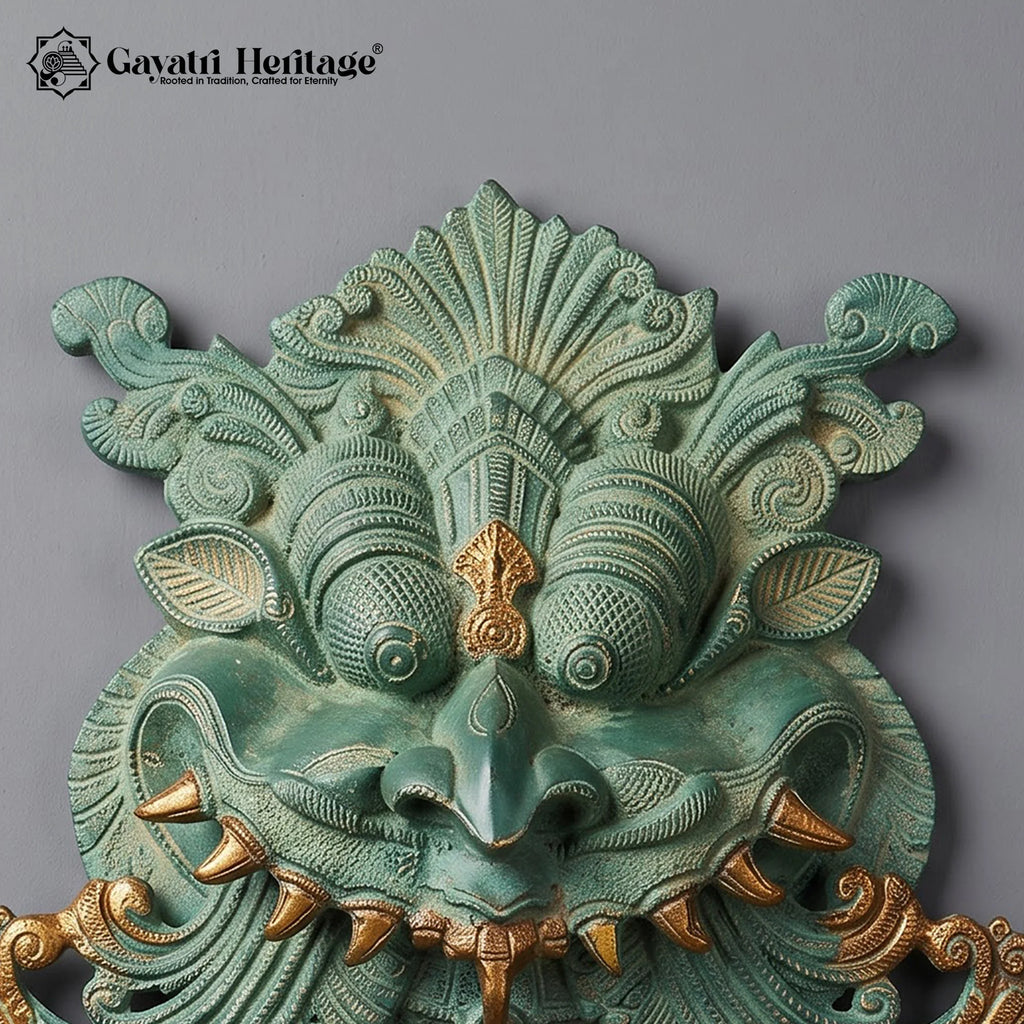 Handcrafted Brass Kirtimukha Wall Hanging | Verdigris Green Face of Glory Mask for Temple Door Decor
