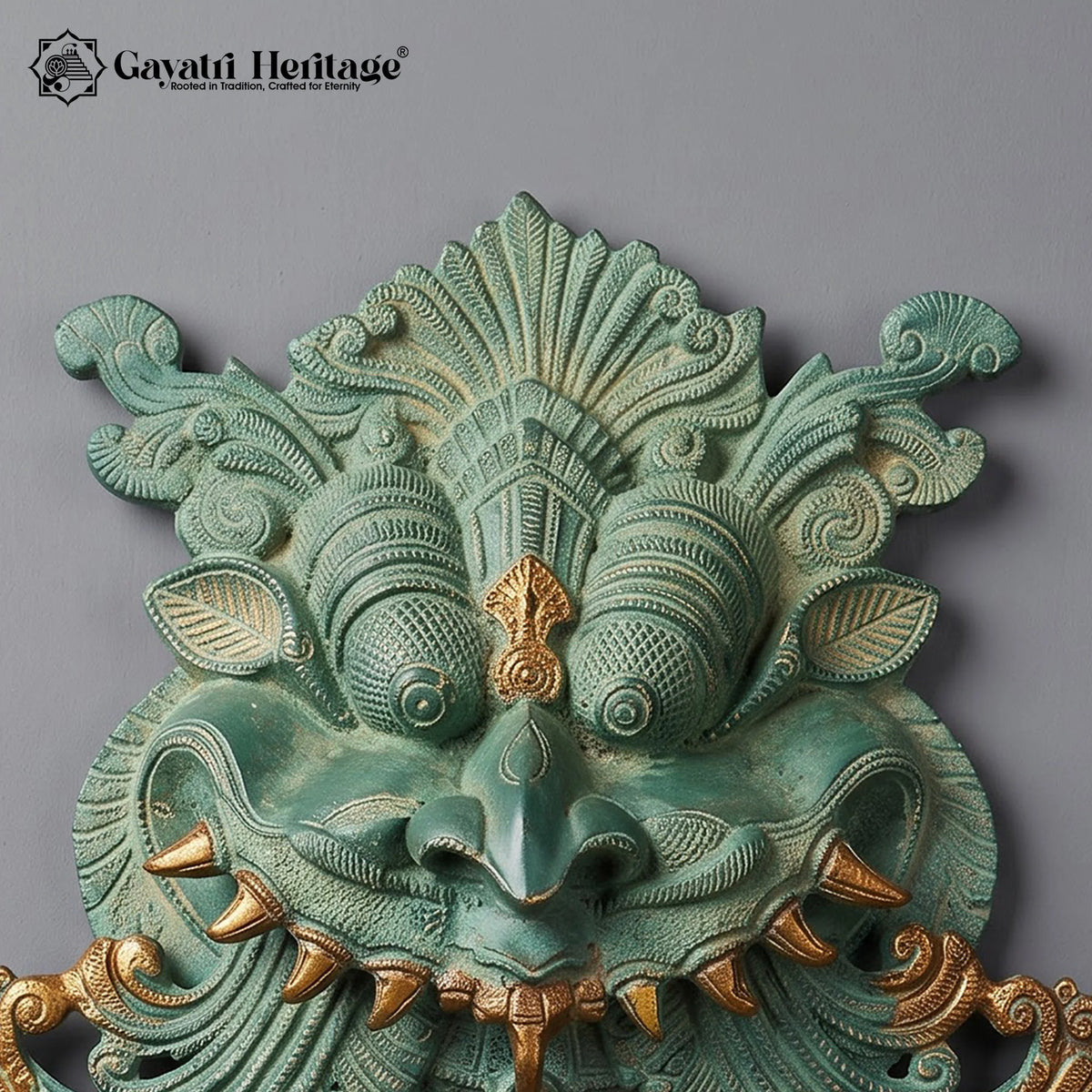 Handcrafted Brass Kirtimukha Wall Hanging | Verdigris Green Face of Glory Mask for Temple Door Decor