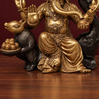 Brass Ganesha Statue with Mouse, Dual Tone Antique Finish Ganpati Idol, Handcrafted Hindu God Murti for Home Mandir