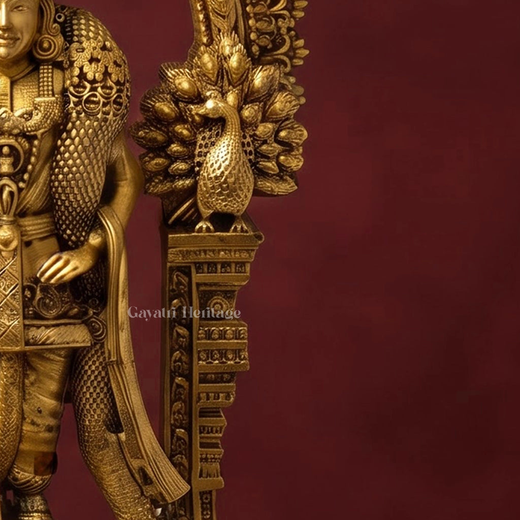 Brass Lord Murugan Statue with Peacock Arch | Kartikeya Idol with Vel Spear | Handcrafted South Indian Hindu Idol