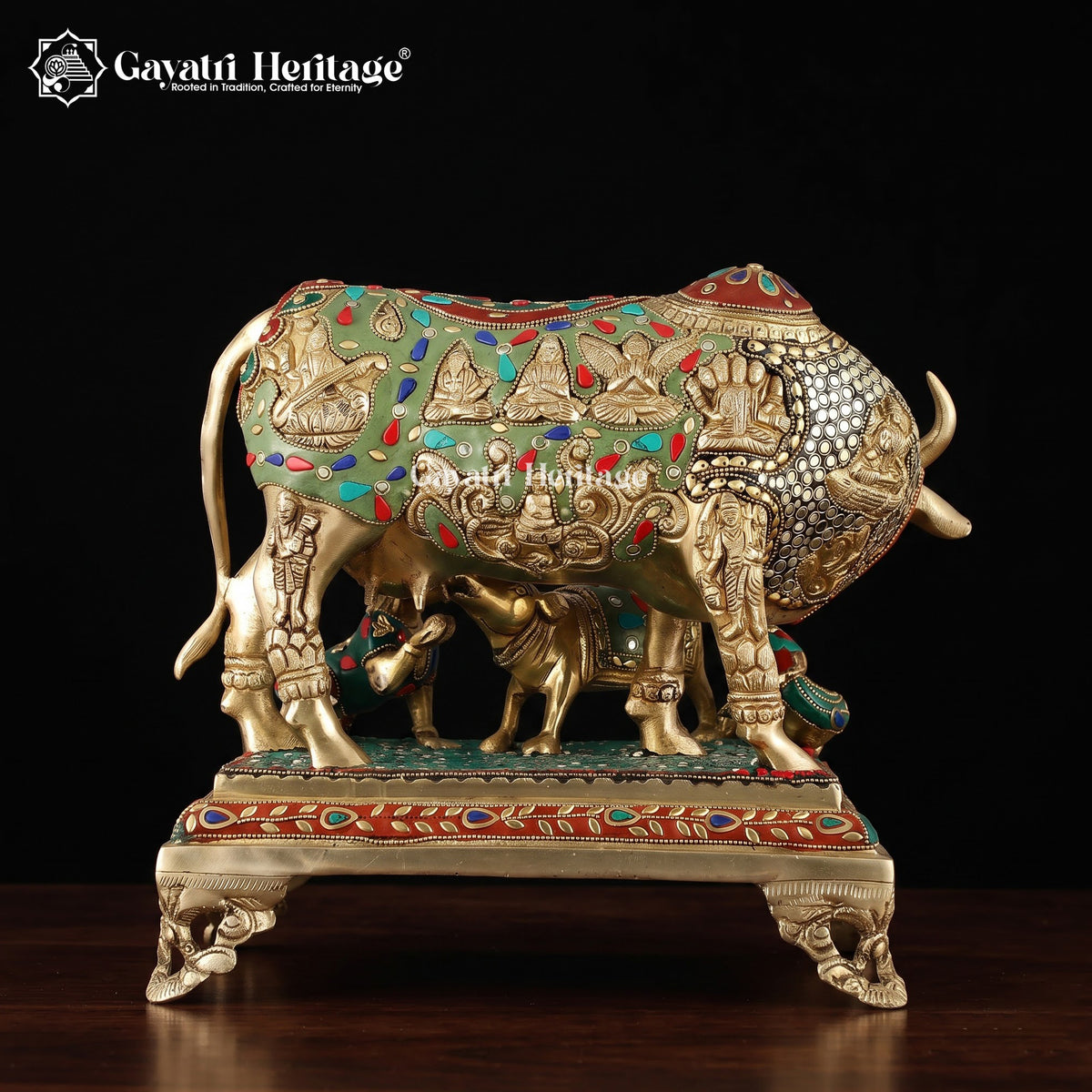 Brass Cow and Calf in Stone Work – Exquisite Religious Décor | Gayatri Heritage