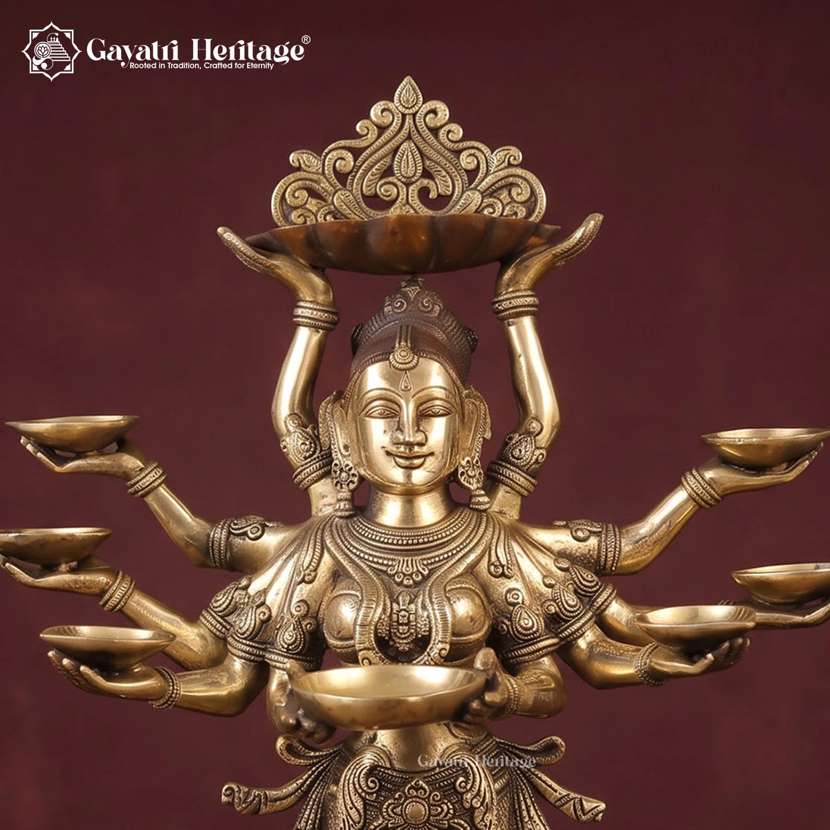 Brass Multi-Armed Deepalakshmi Diya Lamp Statue | Hand-Carved Goddess Figurine