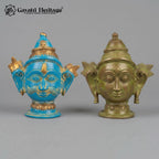 Vintage Style Shiva Parvati Mukha Statue Set – Brass Deity Face Sculpture with Blue Green Patina