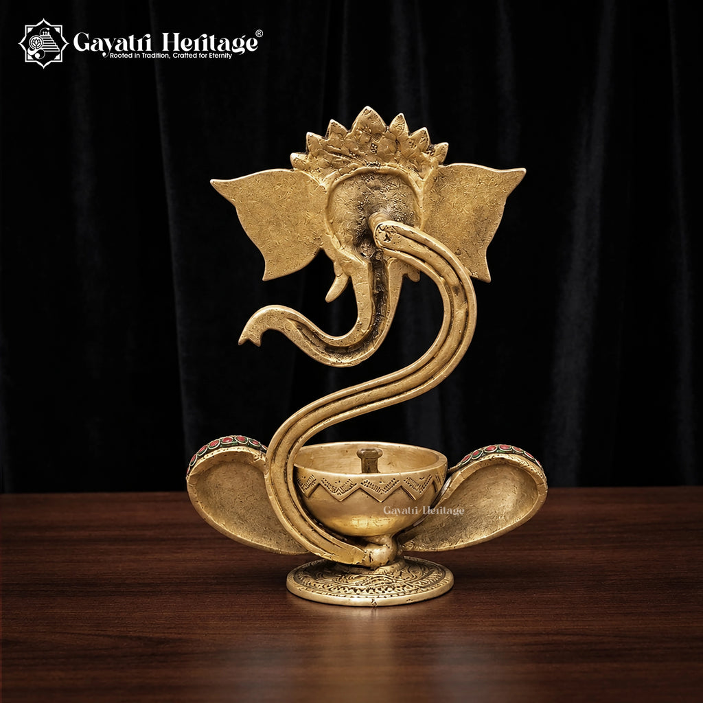 Brass Ganesha Diya | Turquoise Coral Inlay Oil Lamp | Handmade Pooja Decor 9 Inch