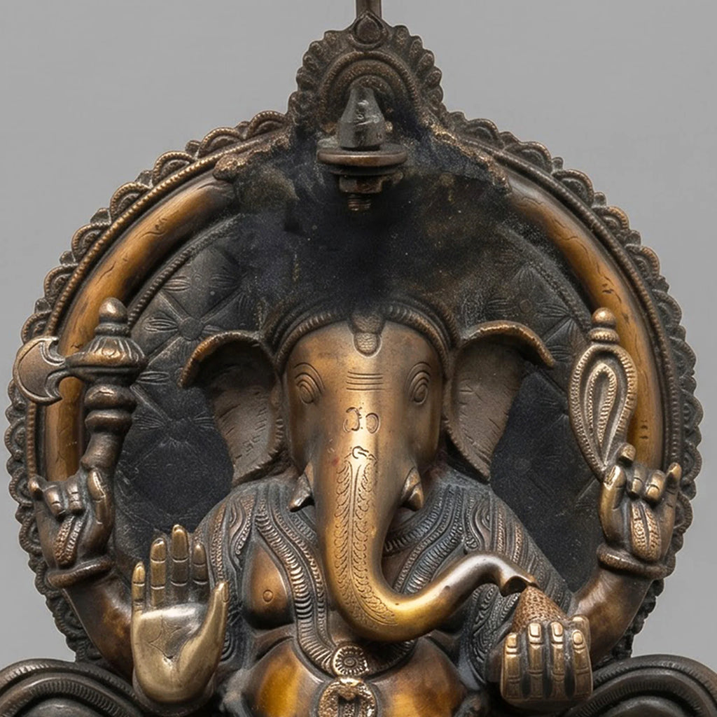 Handcrafted Brass Ganesha Idol with Throne & Umbrella Bells | Antique Black Gold Ganesh Statue
