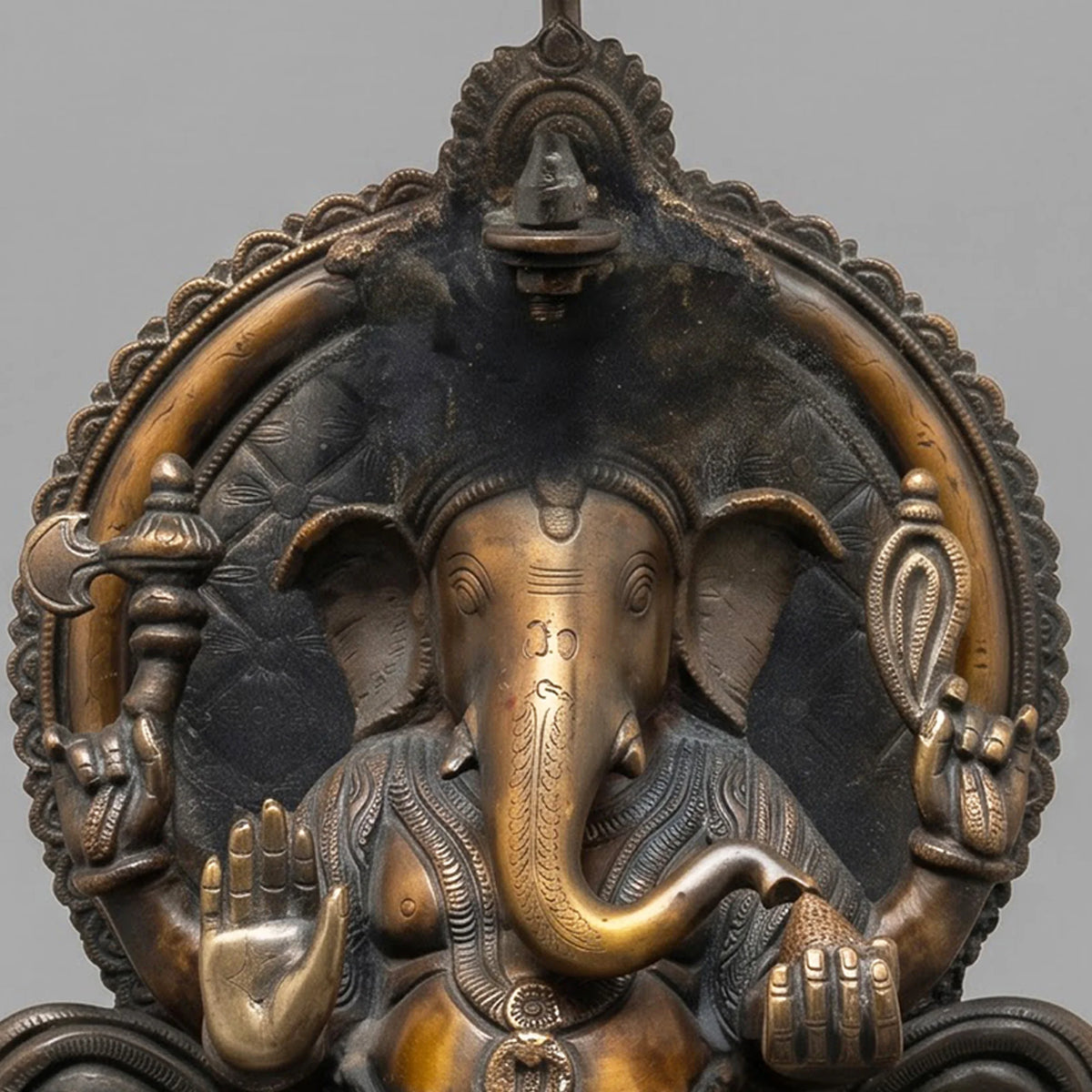 Handcrafted Brass Ganesha Idol with Throne & Umbrella Bells | Antique Black Gold Ganesh Statue