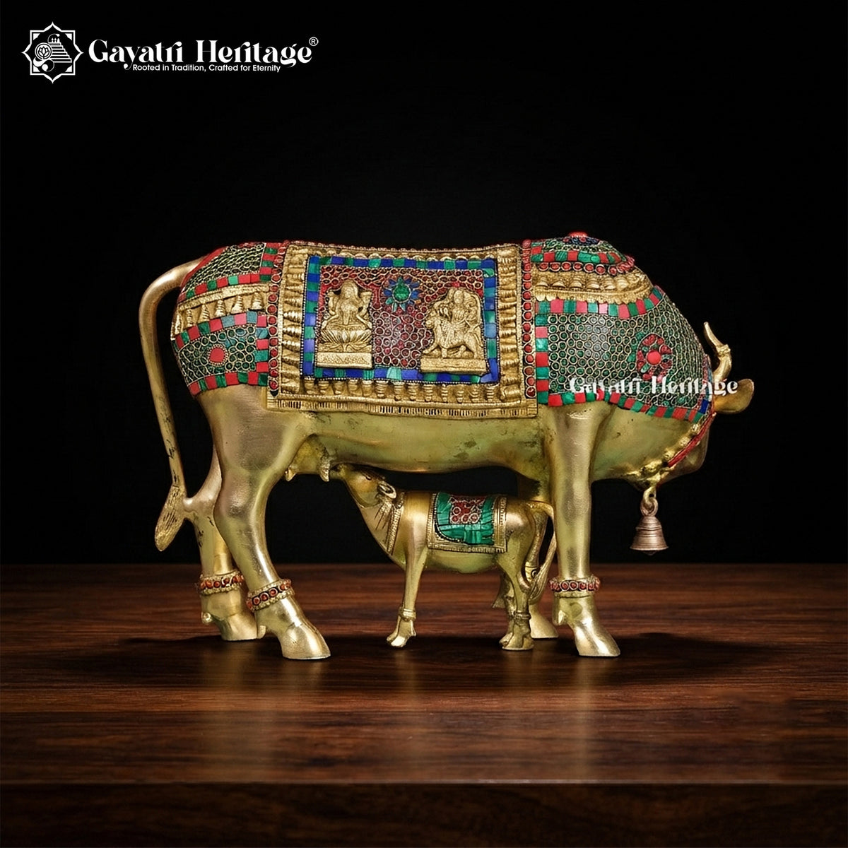 Brass Cow and Calf with Stone Work – Motherhood & Prosperity | Gayatri Heritage