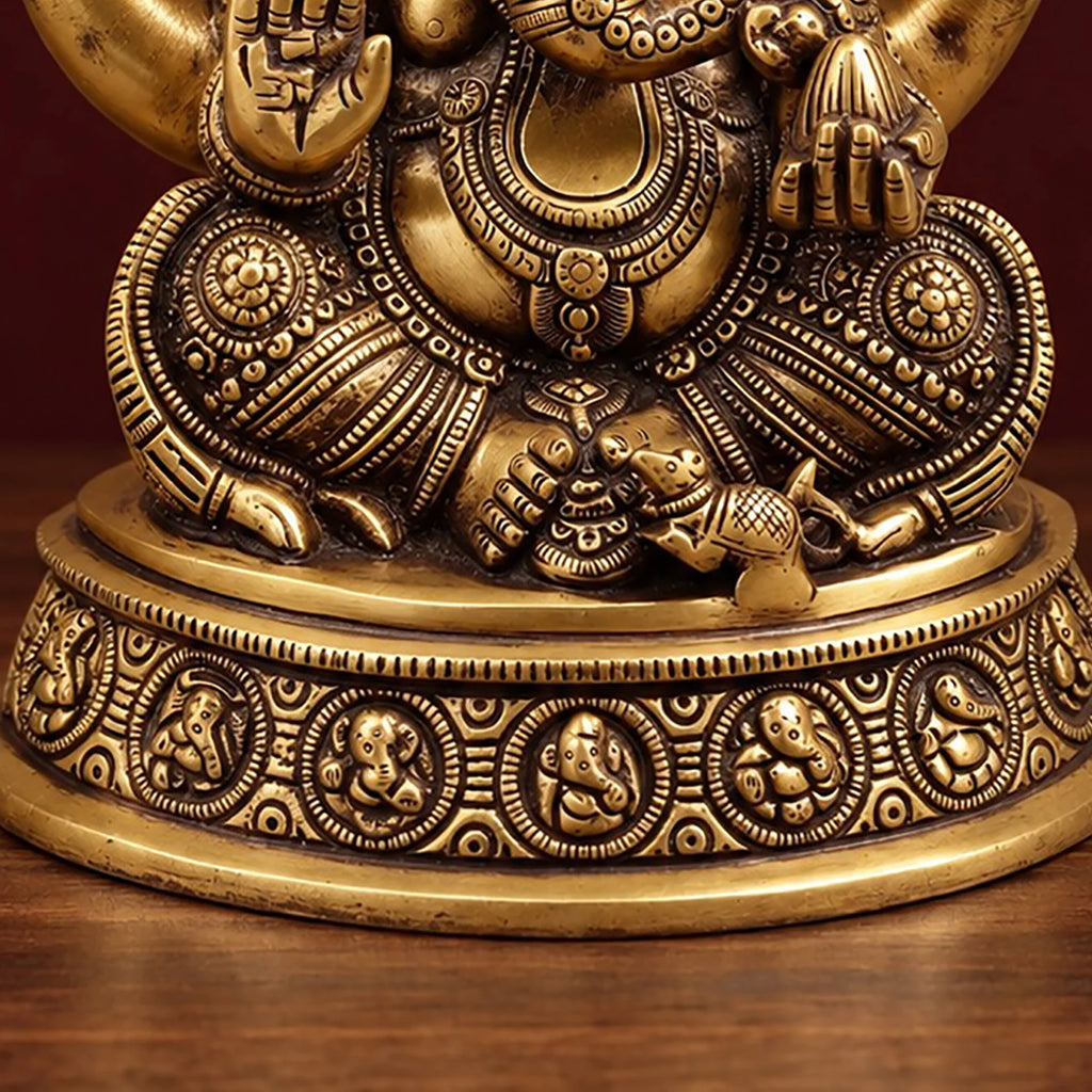 Brass Ganesh Idol on Round Base, Antique Gold Ganesha Statue with Om, Mushak & Halo, Handcrafted Murti for Home Temple