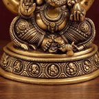 Brass Ganesh Idol on Round Base, Antique Gold Ganesha Statue with Om, Mushak & Halo, Handcrafted Murti for Home Temple