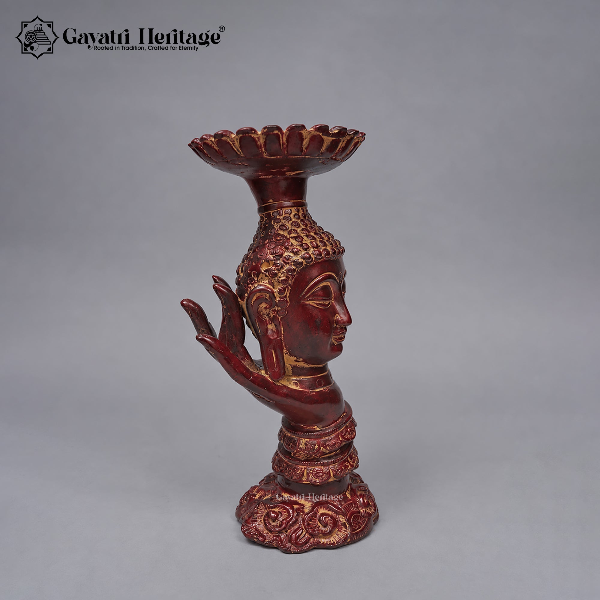 Brass Buddha Palm Candle Holder | Antique Red Finish | Handcrafted Buddha Statue for Home Decor